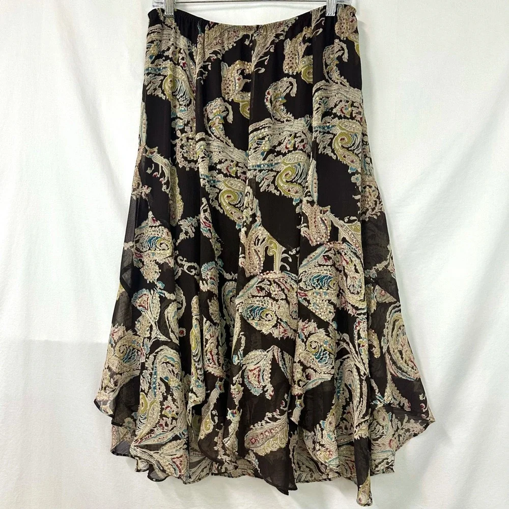 SOFT SURROUNDINGS Brown Paisley Handkerchief Hem Peasant‎ Midi Skirt M Bohemian